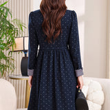 Elegant Colorblock Polka Dot Collared Long Sleeve Dress