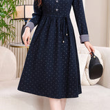 Elegant Colorblock Polka Dot Collared Long Sleeve Dress