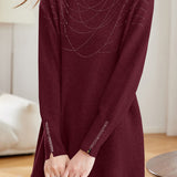Elegant Mock Neck Rhinestone Embellished Long Sleeve Dress