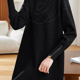 Elegant Mock Neck Rhinestone Embellished Long Sleeve Dress