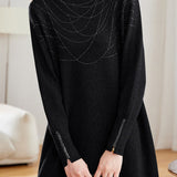 Elegant Mock Neck Rhinestone Embellished Long Sleeve Dress
