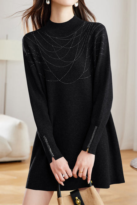 Elegant Mock Neck Rhinestone Embellished Long Sleeve Dress