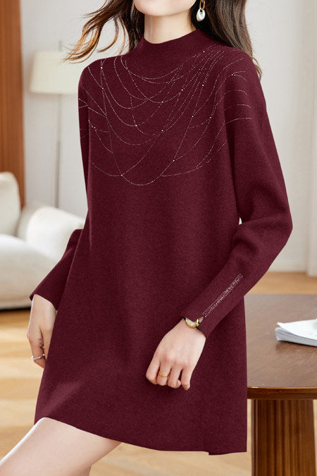 Elegant Mock Neck Rhinestone Embellished Long Sleeve Dress