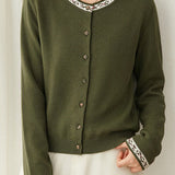 Chic Crew Neck Jacquard Knit Cardigan