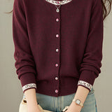 Chic Crew Neck Jacquard Knit Cardigan