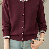 Chic Crew Neck Jacquard Knit Cardigan