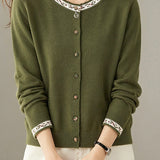 Chic Crew Neck Jacquard Knit Cardigan