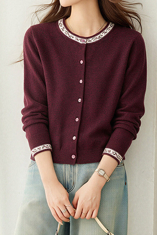 Chic Crew Neck Jacquard Knit Cardigan
