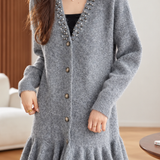 Elegant V-Neck Pearl Embellished Long Sleeve Knit Dress