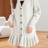 Elegant V-Neck Pearl Embellished Long Sleeve Knit Dress