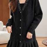 Elegant V-Neck Pearl Embellished Long Sleeve Knit Dress