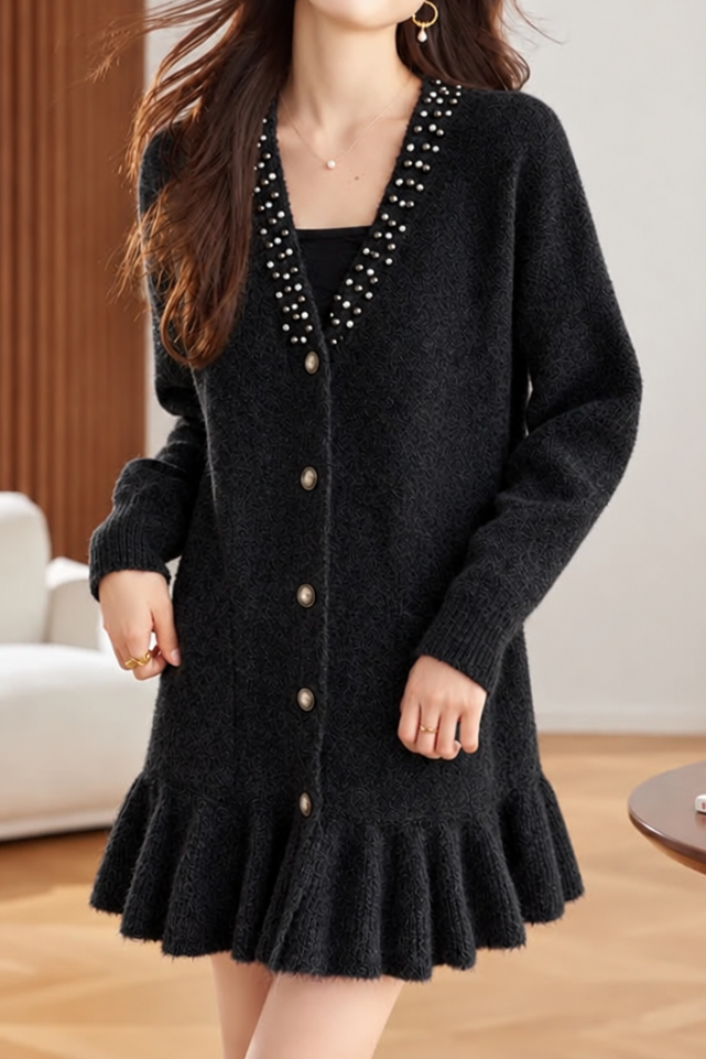 Elegant V-Neck Pearl Embellished Long Sleeve Knit Dress