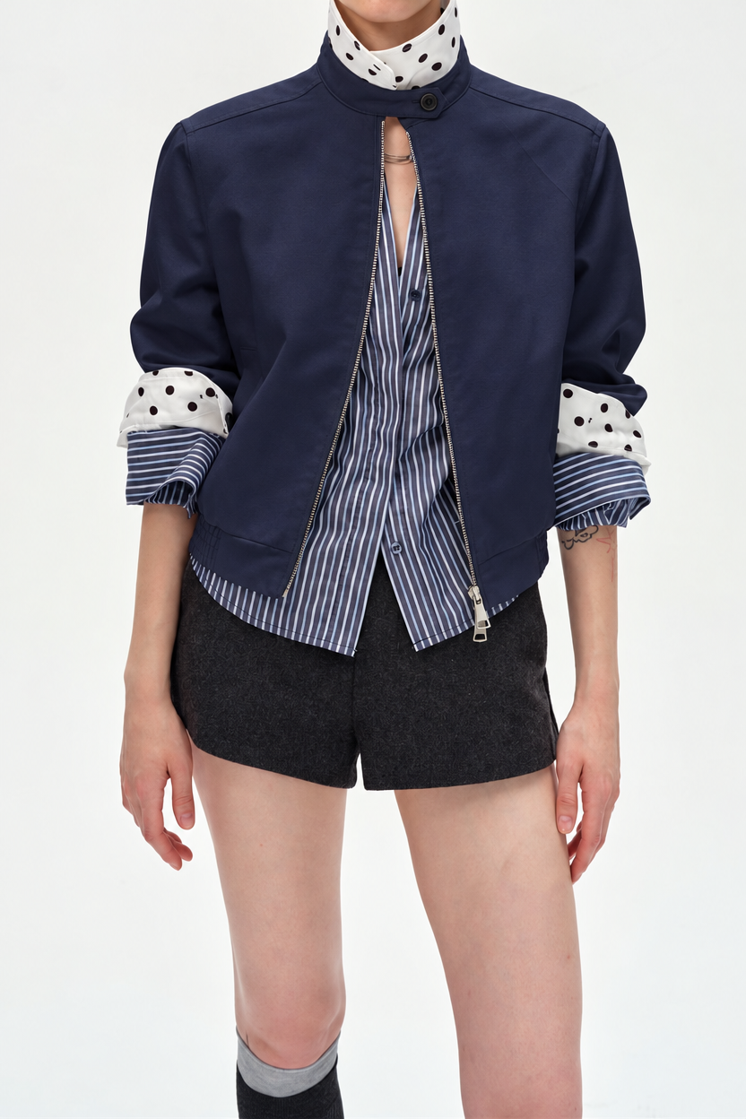 Casual Stand Collar Colorblock Polka Dot Jacket