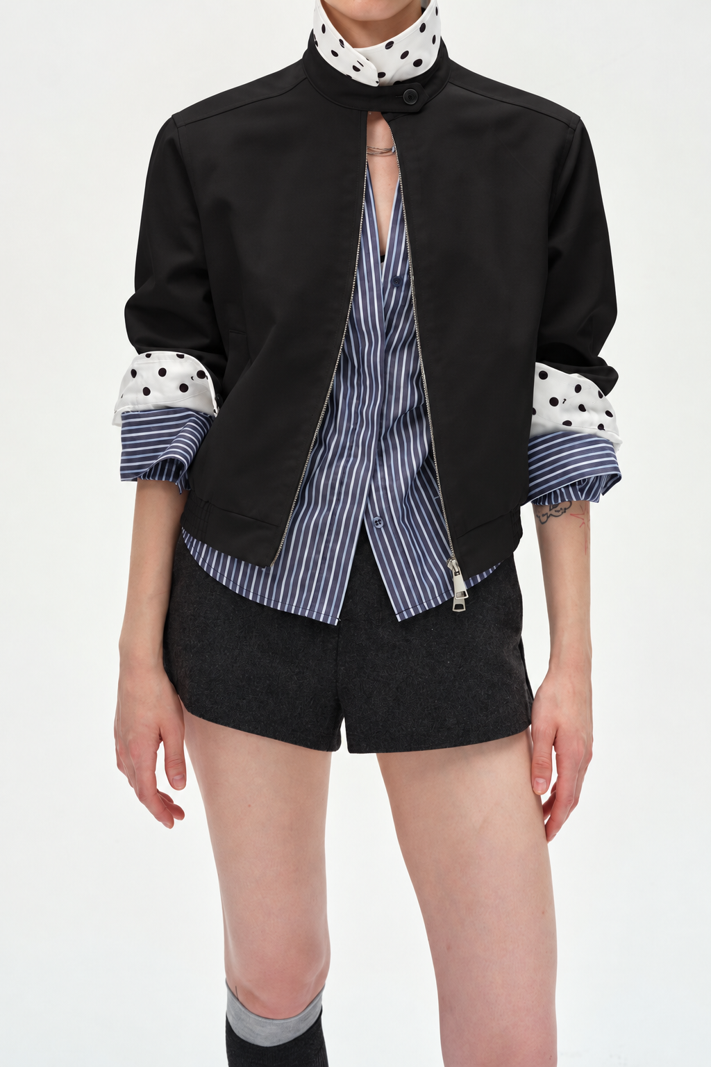 Casual Stand Collar Colorblock Polka Dot Jacket