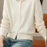 Delicate Beaded Crew Neck Long Sleeve Knit Cardigan