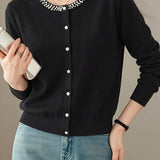Delicate Beaded Crew Neck Long Sleeve Knit Cardigan