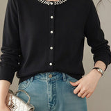 Delicate Beaded Crew Neck Long Sleeve Knit Cardigan