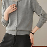 Delicate Beaded Crew Neck Long Sleeve Knit Cardigan