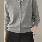 Delicate Beaded Crew Neck Long Sleeve Knit Cardigan