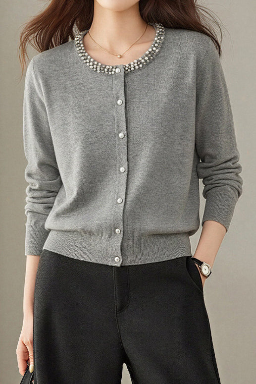 Delicate Beaded Crew Neck Long Sleeve Knit Cardigan