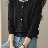Delicate Beaded Crew Neck Long Sleeve Knit Cardigan