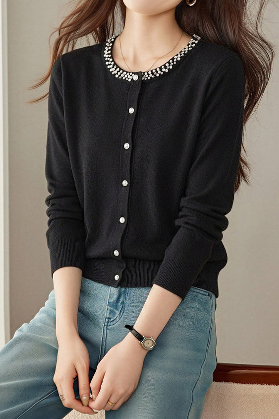Delicate Beaded Crew Neck Long Sleeve Knit Cardigan