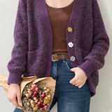 Delicate V-Neck Sequin Floral Button Knit Cardigan