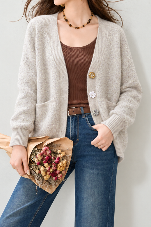Delicate V-Neck Sequin Floral Button Knit Cardigan