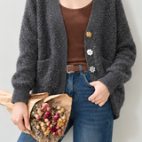 Delicate V-Neck Sequin Floral Button Knit Cardigan