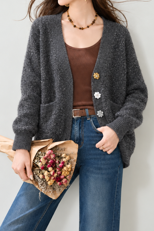 Delicate V-Neck Sequin Floral Button Knit Cardigan