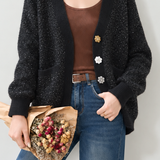 Delicate V-Neck Sequin Floral Button Knit Cardigan