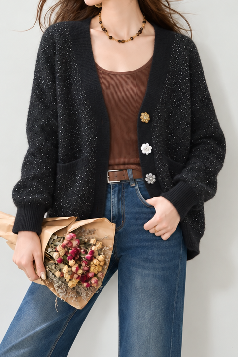 Delicate V-Neck Sequin Floral Button Knit Cardigan