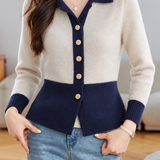 Chic Colorblock Collared Long Sleeve Knit Cardigan