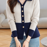 Chic Colorblock Collared Long Sleeve Knit Cardigan