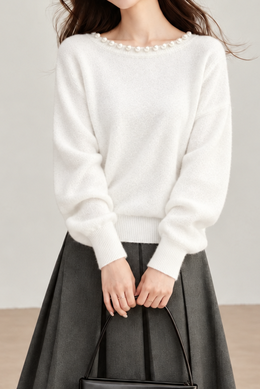 Elegant Asymmetric Shoulder Beaded Batwing Sleeve Knit Sweater