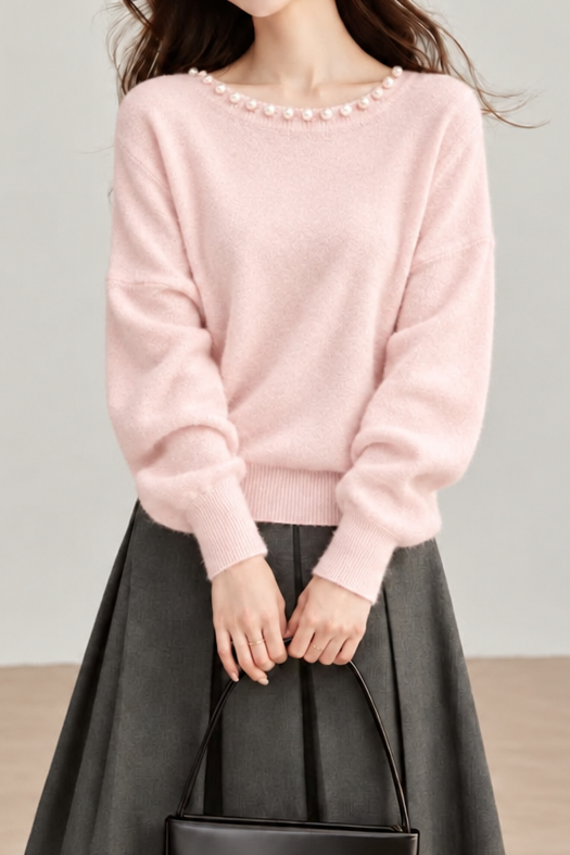 Elegant Asymmetric Shoulder Beaded Batwing Sleeve Knit Sweater