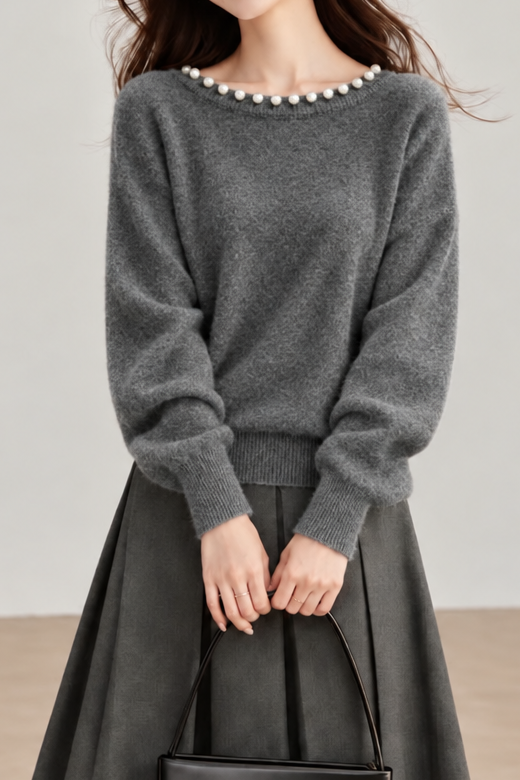 Elegant Asymmetric Shoulder Beaded Batwing Sleeve Knit Sweater