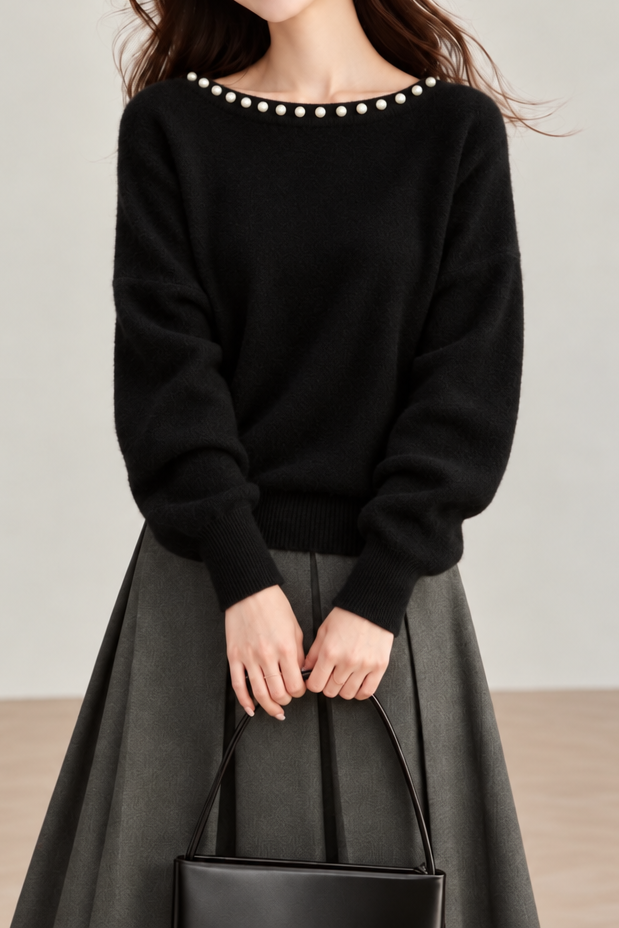 Elegant Asymmetric Shoulder Beaded Batwing Sleeve Knit Sweater