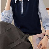 Casual Striped Collared Layered Look Knit Sweater