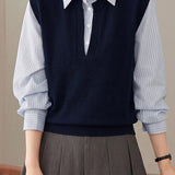 Casual Striped Collared Layered Look Knit Sweater