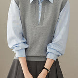 Casual Striped Collared Layered Look Knit Sweater