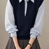 Casual Striped Collared Layered Look Knit Sweater