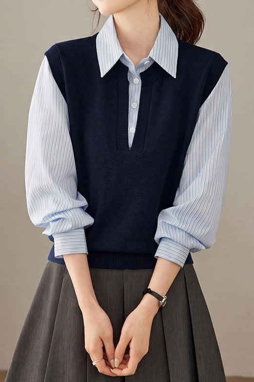 Casual Striped Collared Layered Look Knit Sweater