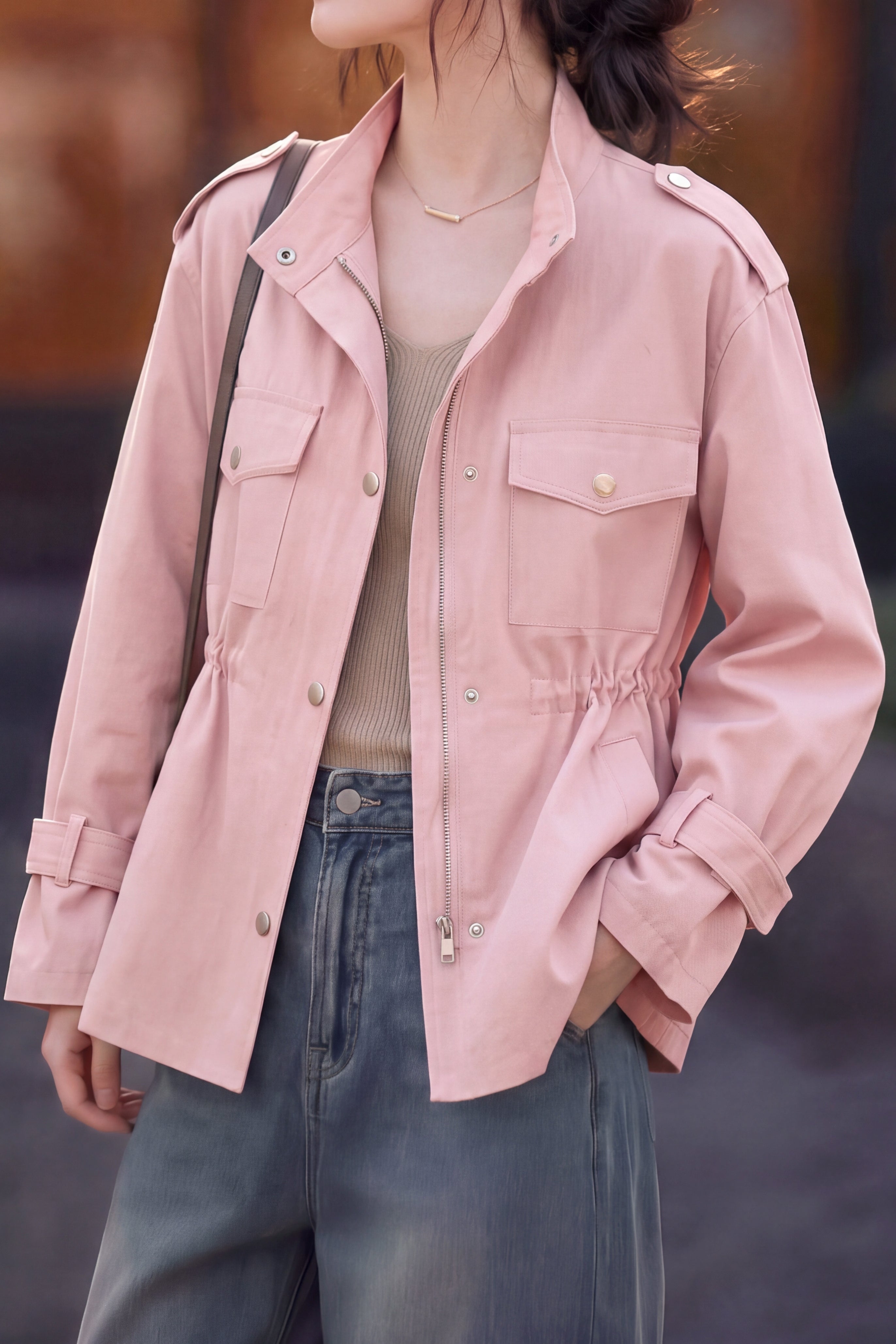 Casual Ruched Waist Flap Pocket Jacket