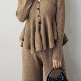 Elegant V-Neck Peplum Knit Sweater and High Waist Wide Leg Pants Set