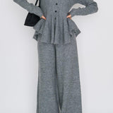 Elegant V-Neck Peplum Knit Sweater and High Waist Wide Leg Pants Set