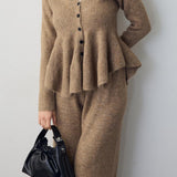Elegant V-Neck Peplum Knit Sweater and High Waist Wide Leg Pants Set