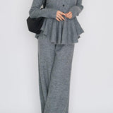 Elegant V-Neck Peplum Knit Sweater and High Waist Wide Leg Pants Set