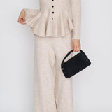 Elegant V-Neck Peplum Knit Sweater and High Waist Wide Leg Pants Set