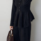 Elegant V-Neck Peplum Knit Sweater and High Waist Wide Leg Pants Set